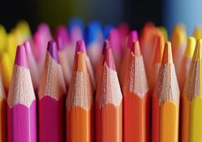 Colorful array of sharpened pencils close up photo