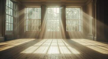 Sunlight streaming through large windows in an empty vintage room photo