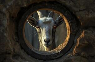 Goat peering through a circular opening photo