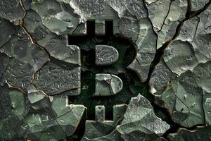 Bitcoin logo emerging from cracked stone surface photo
