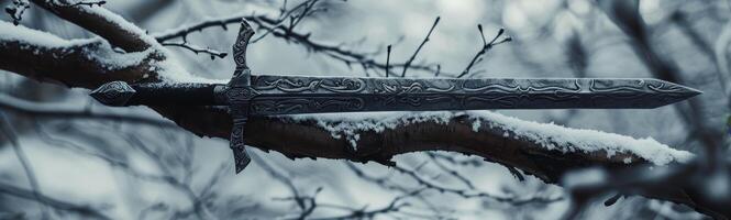 Mystical Sword Resting on Snow Covered Branch in Winter Forest photo