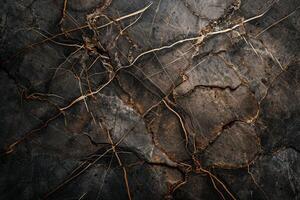Intricate network of cracks and textures on a dark stone surface photo