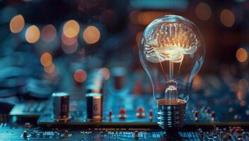 Illuminated light bulb over a circuit board highlighting innovation and technology photo