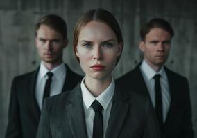 Professional team in formal attire with serious expressions photo