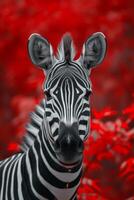 Portrait of a Zebra with a Vibrant Red Background photo