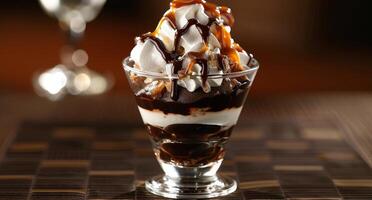 Delicious layered chocolate and vanilla ice cream sundae with syrup photo