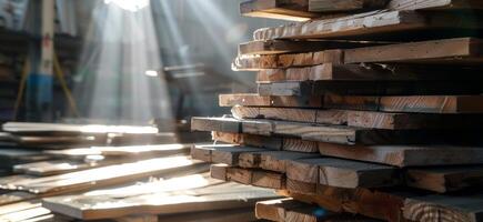 Sunlight streaming through a lumber warehouse photo