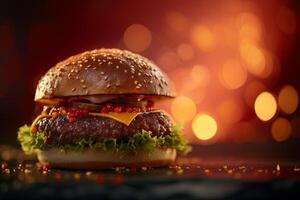 Delicious gourmet burger on a bokeh background photo