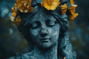 Statue with Autumn Leaves Crown in Moody Setting photo