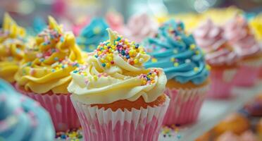 Colorful cupcakes with sprinkles on display photo