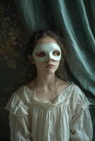 Mysterious child in a white dress wearing a masquerade mask photo