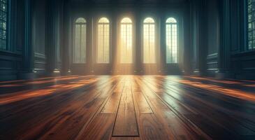 Sunlight streaming through large windows in an elegant empty room photo