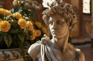 Classical statue with a background of yellow flowers photo