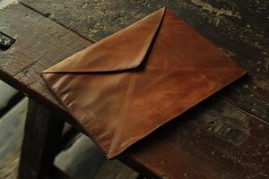 Vintage Leather Envelope on a Wooden Table photo
