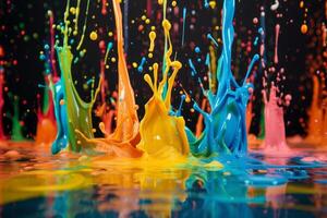 Vibrant Paint Splashes on Black Background photo
