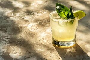 Refreshing cocktail with basil and lime on a sunny table photo
