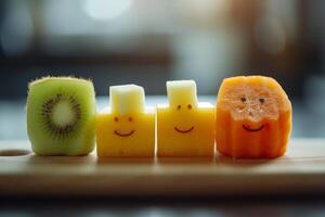 Smiling Fruits and Vegetables on a Cutting Board photo