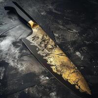 Luxury kitchen knife with gold detailing on a dark textured background photo