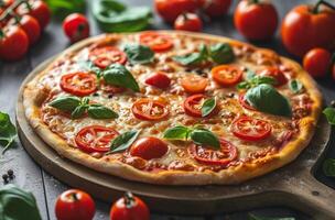Fresh homemade pizza with tomatoes and basil on dark background photo