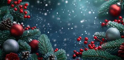 Festive Christmas Background with Decorations and Fir Branches photo