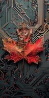 Autumn leaf on a circuit board representing technology and nature intersection photo