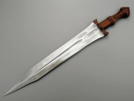 Shiny metal dagger with wooden handle on a gray background photo