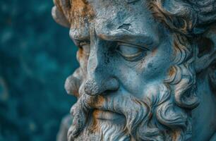 Close up of an ancient philosopher statue with intricate details photo