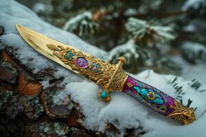 Ornate Dagger Resting on a Snowy Tree Bark photo