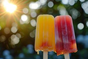 Two refreshing fruit popsicles with a sunlit background photo