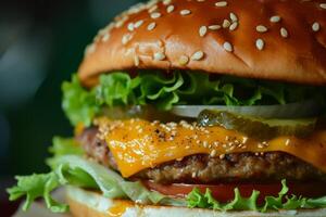 Close up of a Juicy Cheeseburger with Fresh Lettuce and Sesame Seed Bun photo