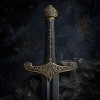 Elegant medieval sword on a dark rocky background photo