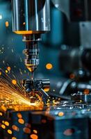 CNC machine at work with sparks flying from metal cutting process photo