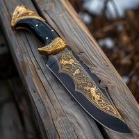 Ornate dagger with intricate designs on wooden background photo