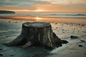 Sunset at a serene beach with a tree stump in the foreground photo
