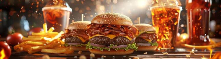 Delicious gourmet burger with refreshing drinks in the background photo