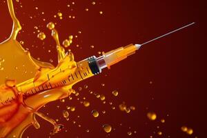 Syringe with liquid splash on a red background photo
