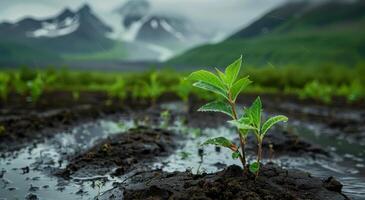 Young plant sprouting in mountainous terrain with misty backdrop photo
