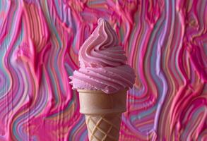 Close up of a pink soft serve ice cream cone with colorful background photo