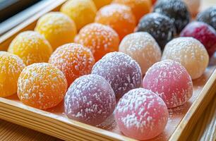 Assorted colorful mochi ice cream on a tray photo