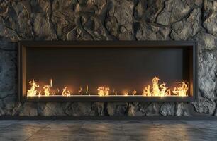 Modern fireplace embedded in a stone wall photo