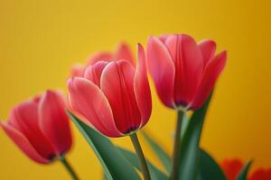 Vibrant Red Tulips Against a Sunny Yellow Background photo