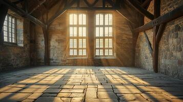 Sunlight streaming through the windows of an old stone building photo