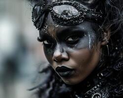 Mysterious person in creative makeup and costume posing for a dramatic portrait photo