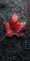 Red maple leaf on a circuit board representing technology and nature fusion photo