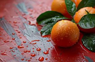Fresh oranges with water droplets on a red background photo