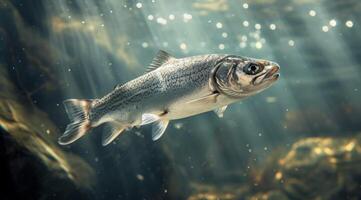 Underwater view of a single fish swimming in the ocean photo
