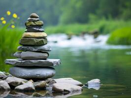 Zen stones stacked by a tranquil river photo