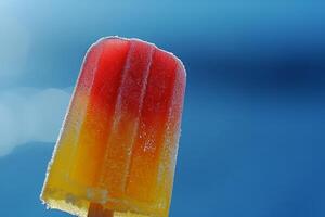 Close up of a Refreshing Fruit Popsicle Against a Blue Background photo
