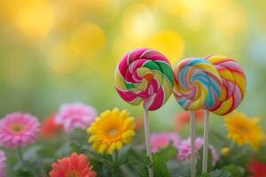 Colorful lollipops in a garden setting photo