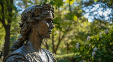 Bronze statue of a woman in a park with sunlight filtering through trees photo